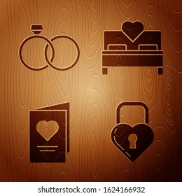 Set Castle in the shape of a heart, Wedding rings, Valentines day party flyer with heart and Bedroom on wooden background. Vector