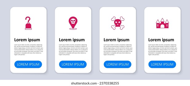 Set Castle, Skull on crossbones,  and Pirate hook. Business infographic template. Vector