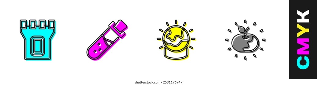 Set Castle tower, Bottle with potion, Magic ball and Poison apple icon. Vector