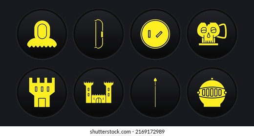 Schlossturm, Der Cup aus dem Schädel, mittelalterliche Speere, Rundhölzernschild, Bug, Eisenhelm und Kapuzensymbol. Vektorgrafik
