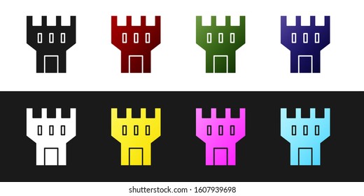 Set Castle tower icon isolated on black and white background. Fortress sign.  Vector Illustration