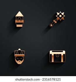 Set Castle tower, Mace with spikes, King crown and Antique treasure chest icon with long shadow. Vector