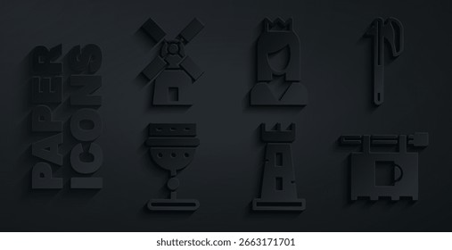 Set Burgturm, Mittelalterliche Axt, Kelch, Straßenschild mit Bar, Prinzessin und Windmühle Ikone. Vektorgrafik
