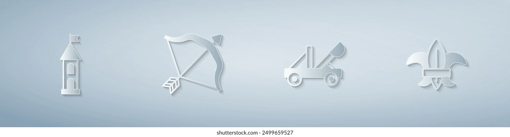 Set Castle tower, Medieval bow and arrow, catapult and Fleur de lys or lily flower. Paper art style. Vector