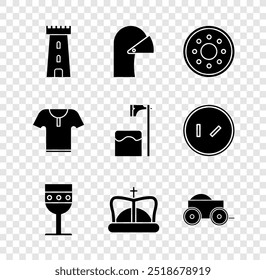 Set Castle tower, Medieval iron helmet, Round wooden shield, goblet, King crown, Wooden four-wheel cart, Body armor and Executioner axe tree block icon. Vector