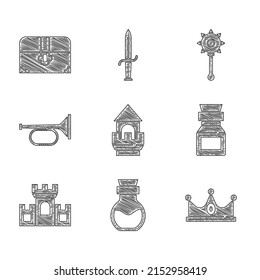 Set Castle tower, Poison in bottle, King crown, Castle, fortress, Trumpet, Medieval chained mace ball and Antique treasure chest icon. Vector