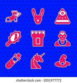 Set Castle tower, Unicorn, Witch hat, Wizard warlock, Bottle with potion, Magic hand mirror, Masons and Hermes sandal icon. Vector