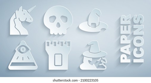 Set Castle tower, Witch hat, Masons, Skull and Unicorn icon. Vector