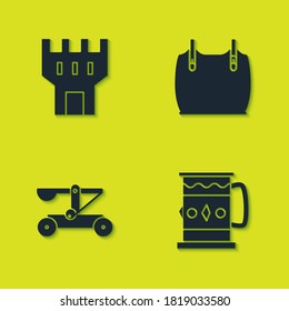 Set Castle tower, Wooden mug, Catapult shooting stones and Body armor icon. Vector.