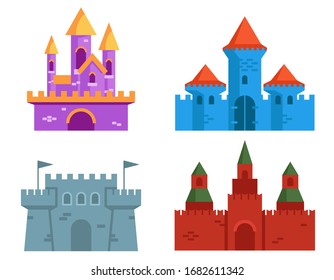 Set of castles in flat style. Medieval buildings isolated on white background.