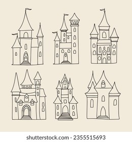 Set of castles outline. Doodle castle isolated on white background. Vector illustration.