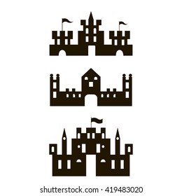 Set of castles silhouettes, cartoon style. Ancient gothic towers and walls, with gates and flags. Isolated vector illustration. Good for historical party or fairytale decoration.