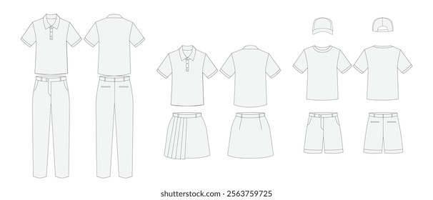 Set of casual active outfit, fashion for golf, tennis, sporty apparel, uniform template mockup