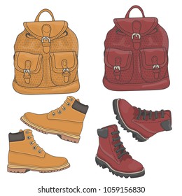 Set of casual backpacks and boots