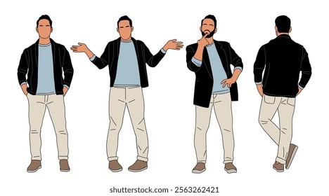 Set of casual Businessman character in different poses. Handsome man standing front, side, rear view. Vector outline colored illustration isolated on white background.