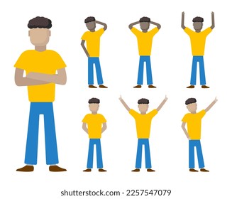 set of casual dressed simple cartoon male characters in different poses.Afro Americans and Europeans.simple cartoon flat graphics.