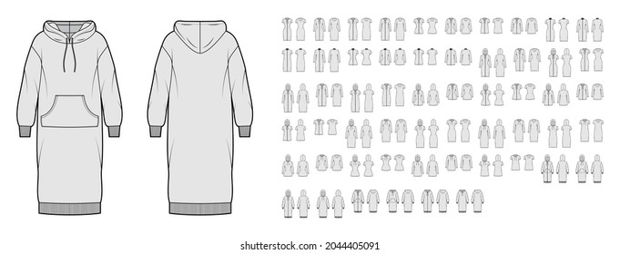 Set of casual Dresses technical fashion illustration with long short elbow sleeves, turtleneck hoody, knee modi mini length skirt. Flat apparel front, back, grey color style. Women unisex CAD mockup
