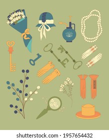 Set of casual elegant items. Floral bouquet, flowers, keys, magnifying glass, gloves, hat, perfume, necklace. Vector clipart illustration.