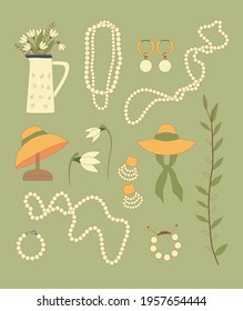 Set of casual elegant items. Flower, vase with flowers, hat, necklace, bracelet, earrings. Vector clipart illustration.