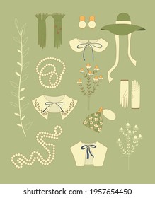 Set of casual elegant items. Flower, vase with flowers, hat, necklace, bracelet, earrings. Vector clipart illustration.