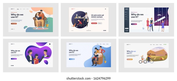 Set of casual families spending time together. Flat vector illustrations of men, women, and children doing activities. Family and parenting concept for banner, website design or landing web page