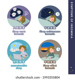 A set of Casual fashion women about the types of sleep disorders.It's vector art so easy to edit.