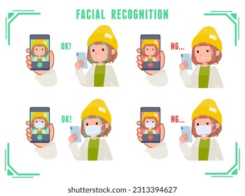 A set of casual fashion women doing facial recognition on their phones.It's vector art so easy to edit.