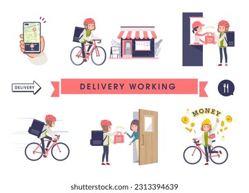 A set of casual fashion women doing delivery work.It's vector art so easy to edit.