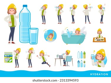 A set of casual fashion women drinking water.It's vector art so easy to edit.