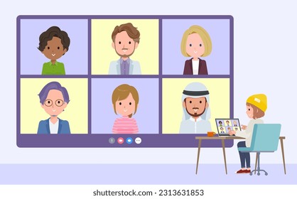 Un conjunto de mujeres de moda casual teniendo un video chat con varias personas. Es arte vectorial muy fácil de editar.