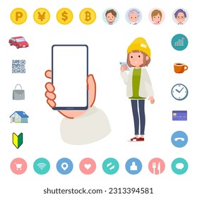 A set of casual fashion women looking at a smartphone screen.It's vector art so easy to edit.The inside of the screen is transparent, so it is easy to fit.