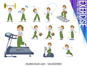 A set of casual fashion women on exercise and sports.There are various actions to move the body healthy.It's vector art so it's easy to edit.
