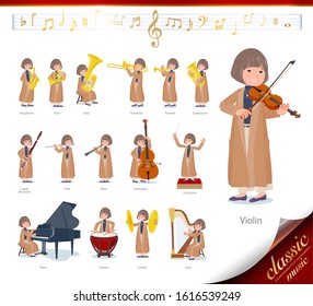 A set of casual fashion women on classical music performances.There are actions to play various instruments such as string instruments and wind instruments.It's vector art so it's easy to edit.
