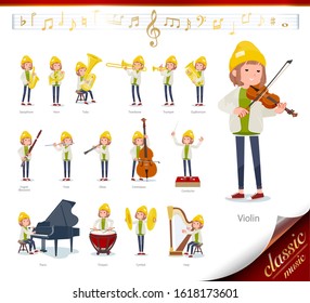 A set of casual fashion women on classical music performances.There are actions to play various instruments such as string instruments and wind instruments.It's vector art so it's easy to edit.
