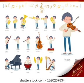 A set of casual fashion women on classical music performances.There are actions to play various instruments such as string instruments and wind instruments.It's vector art so it's easy to edit.
