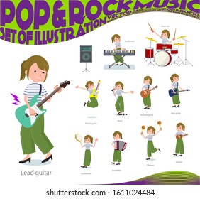 A set of casual fashion women playing rock 'n' roll and pop music.There are also various instruments such as ukulele and tambourine.It's vector art so it's easy to edit.
