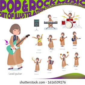 A set of casual fashion women playing rock 'n' roll and pop music.There are also various instruments such as ukulele and tambourine.It's vector art so it's easy to edit.
