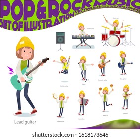 A set of casual fashion women playing rock 'n' roll and pop music.There are also various instruments such as ukulele and tambourine.It's vector art so it's easy to edit.
