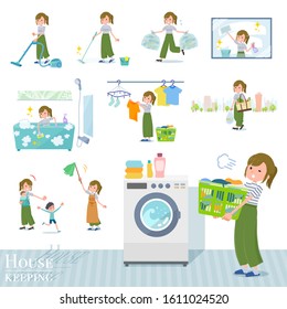 A set of casual fashion women related to housekeeping such as cleaning and laundry.There are various actions such as child rearing.It's vector art so it's easy to edit.
