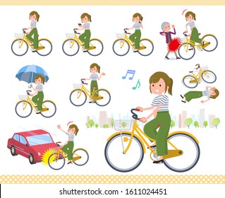 A set of casual fashion women riding a city cycle.There are actions on manners and troubles.It's vector art so it's easy to edit.
