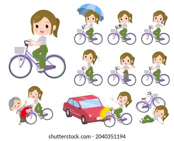 A set of Casual fashion women riding a city cycle.It's vector art so easy to edit.