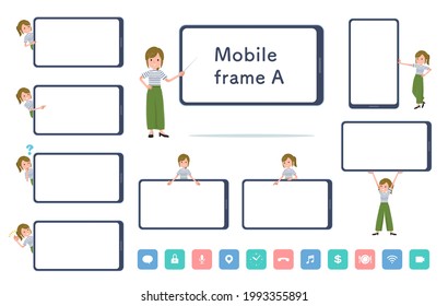 A set of Casual fashion women and smartphone screen.type-A.It's vector art so easy to edit.The inside of the screen is transparent, so it is easy to fit.
