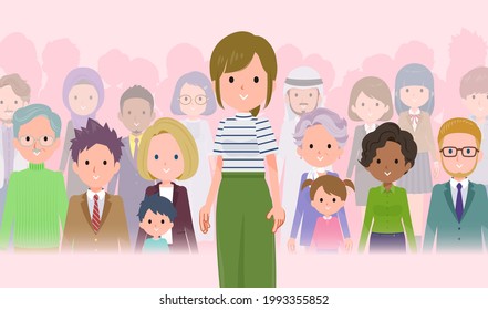 A set of Casual fashion women standing in front of a large number of people.It's vector art so easy to edit.
