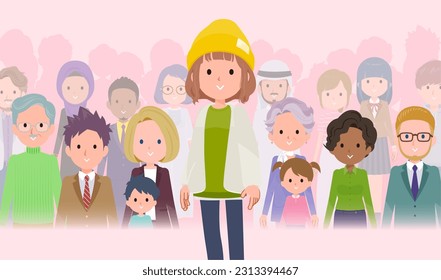 A set of casual fashion women standing in front of a large number of people.It's vector art so easy to edit.