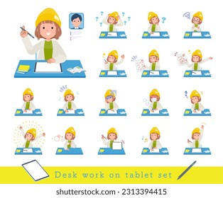 A set of casual fashion women studying on a tablet device.It's vector art so easy to edit.