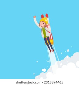 A set of casual fashion women taking off with a rocket jet.It's vector art so easy to edit.