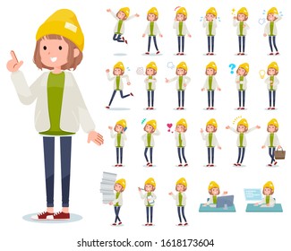 A set of casual fashion women with who express various emotions.There are actions related to workplaces and personal computers.It's vector art so it's easy to edit.
