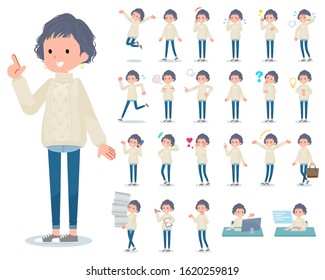 A set of casual fashion women with who express various emotions.There are actions related to workplaces and personal computers.It's vector art so it's easy to edit.
