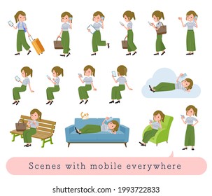 A set of Casual fashion women who uses a smartphone in various scenes.It's vector art so easy to edit.