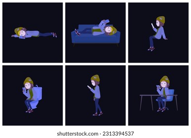 A set of casual fashion women who use smartphones in the dark.It's vector art so easy to edit.